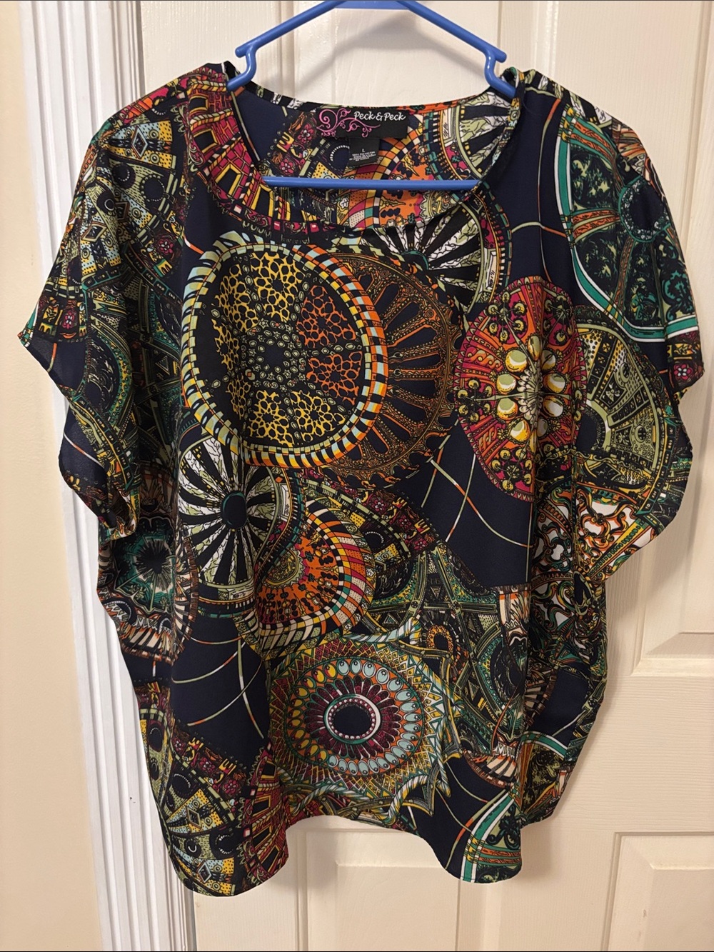 Peck & Peck Navy Medallion Print Flutter Sleeve Blouse